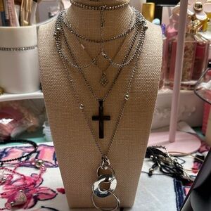 a.n.a Silver Multi-Layer Necklace with Cross and Circle Pendants